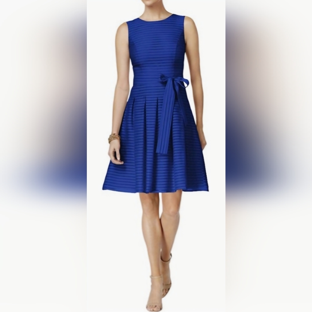 TOMMY HILFIGER Size 10 Blue Preppy Sheer Stripes Inverted Pleat Flare Midi Dress